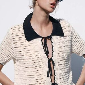 ZARA Cream Crochet Top with Black Collar